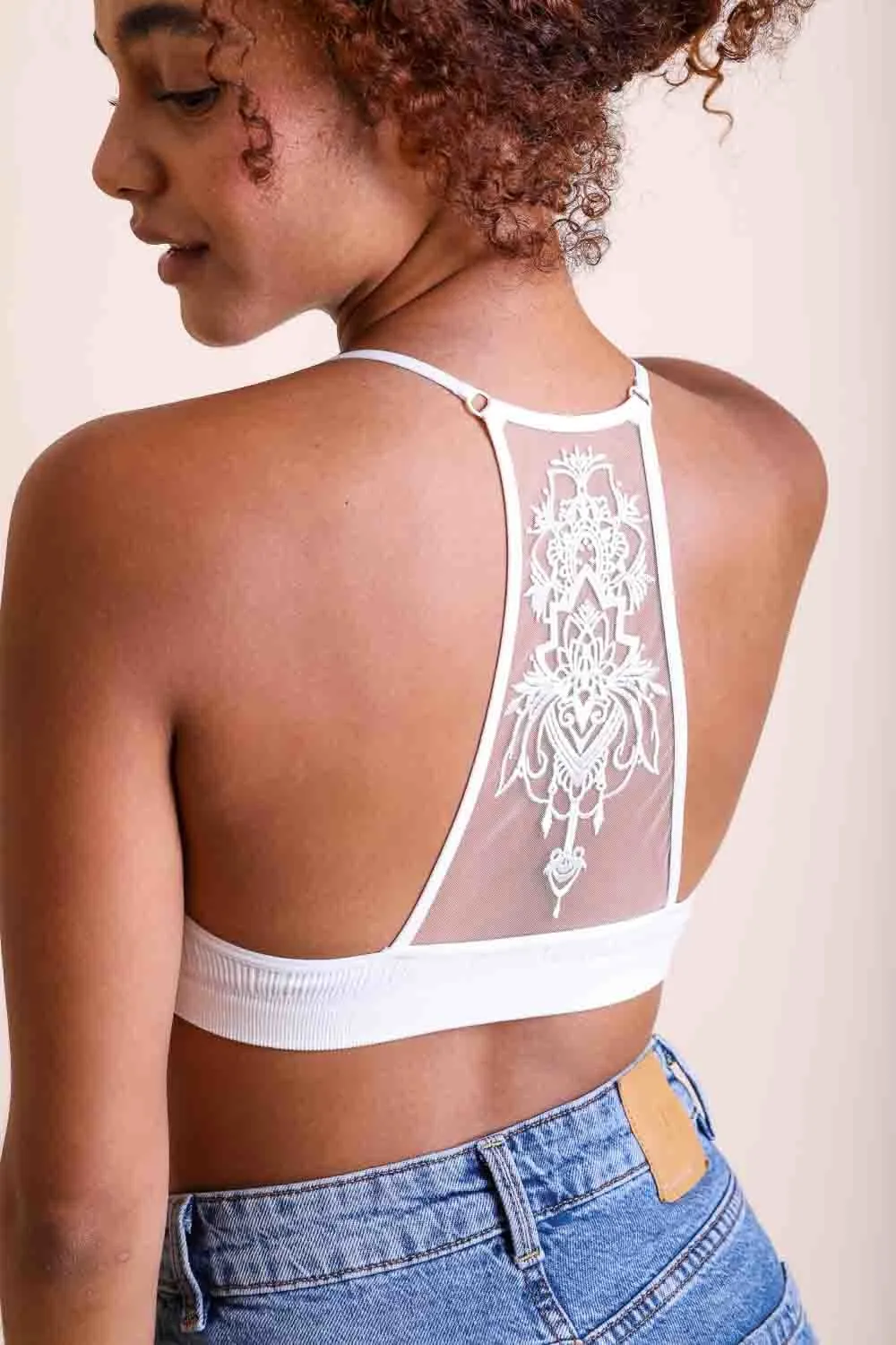 Tattoo Back Bralette – Embroidered Mesh Racerback Style