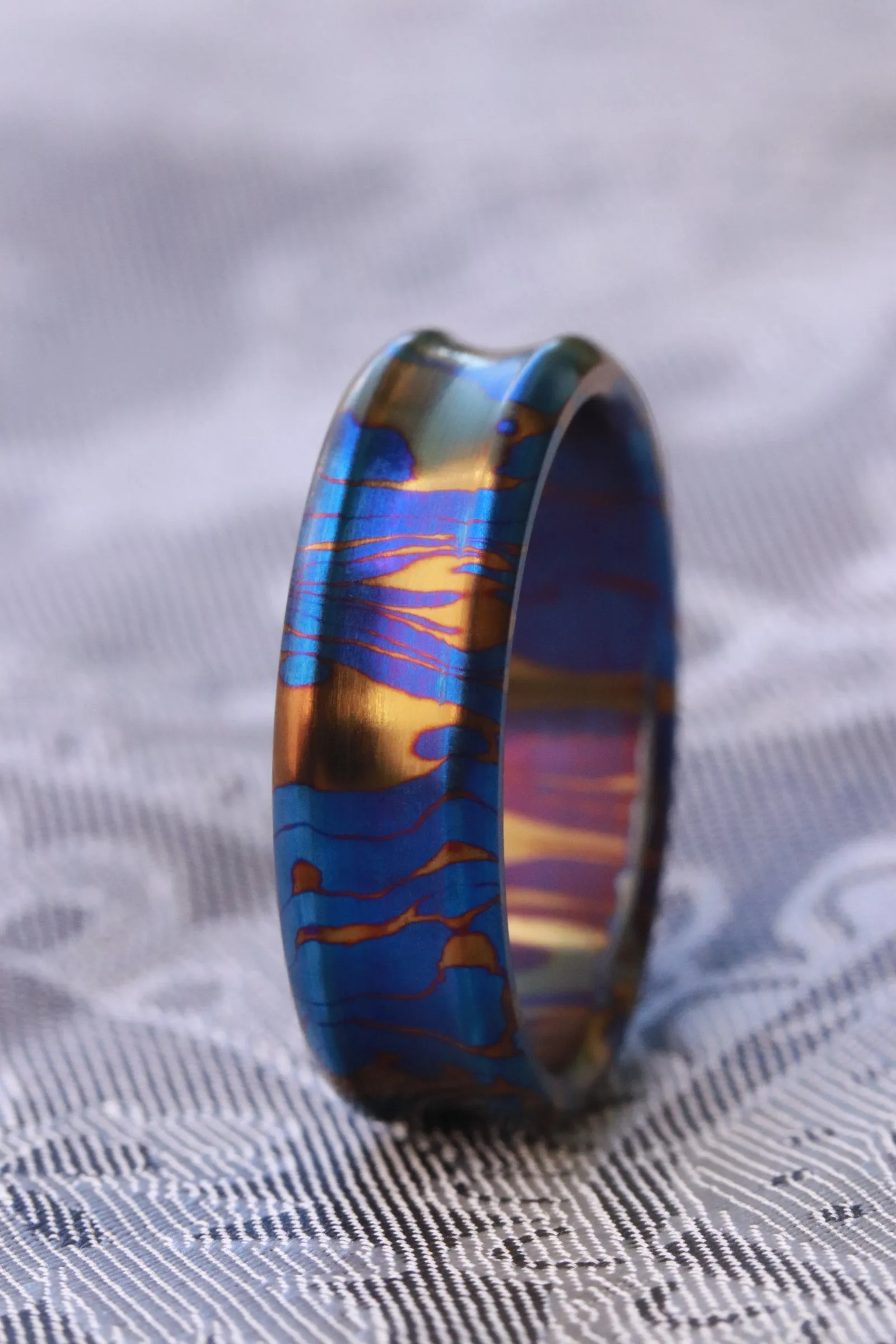 Timascus dragons breath customizable 8mm ring chamfered edge Solid Titanium damascus ring 5mm-8mm wide timascus ring, mokuti ring (polished finish) dragons breathe