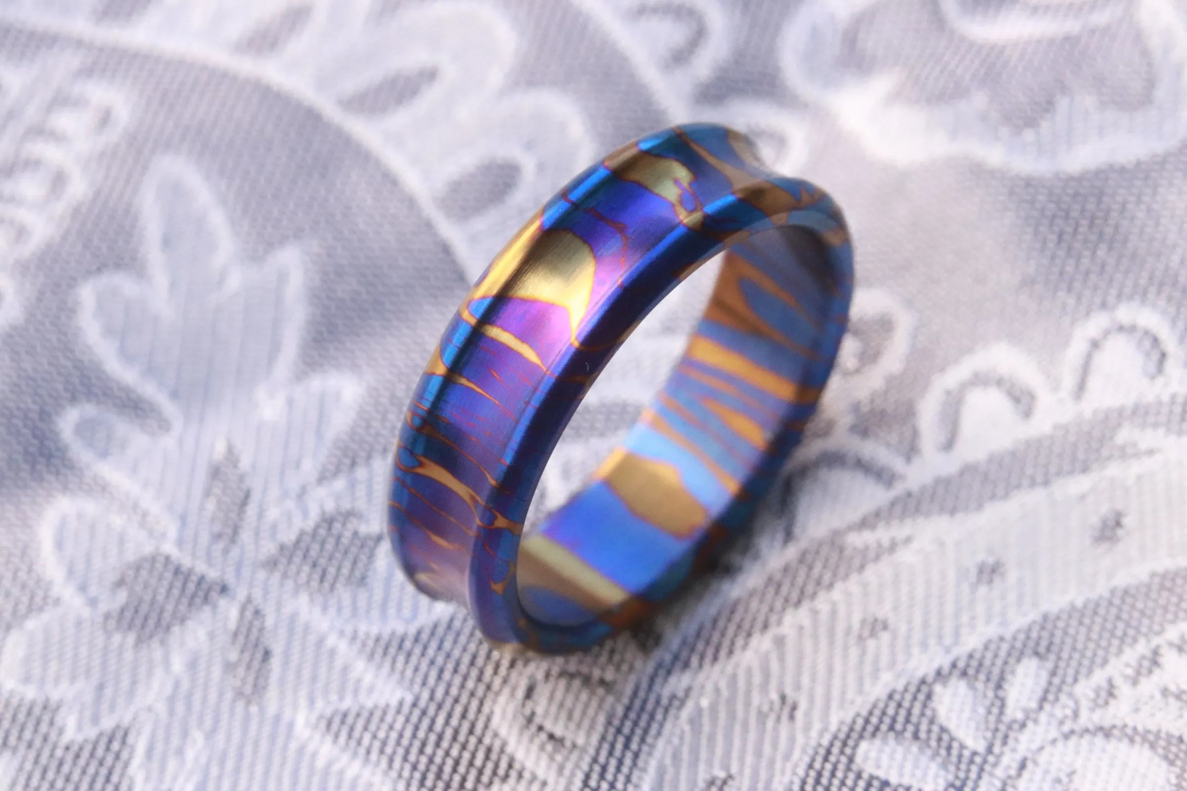 Timascus dragons breath customizable 8mm ring chamfered edge Solid Titanium damascus ring 5mm-8mm wide timascus ring, mokuti ring (polished finish) dragons breathe