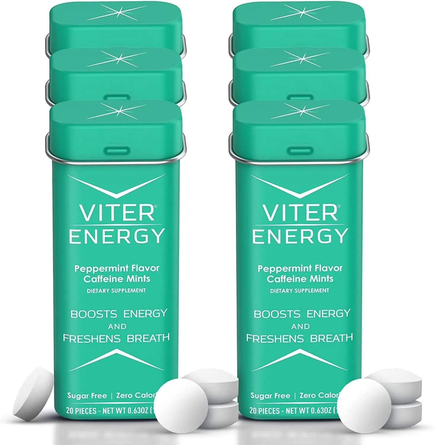 Viter Energy Caffeinated Mints - 40mg Caffeine, B Vitamins, Sugar Free Vegan Breath Mint. Powerful Energizing Boost. 2 Energy Mints Replace 1 Coffee, Gum, Chews, Gummies, Candy (Peppermint, 6 Pack)
