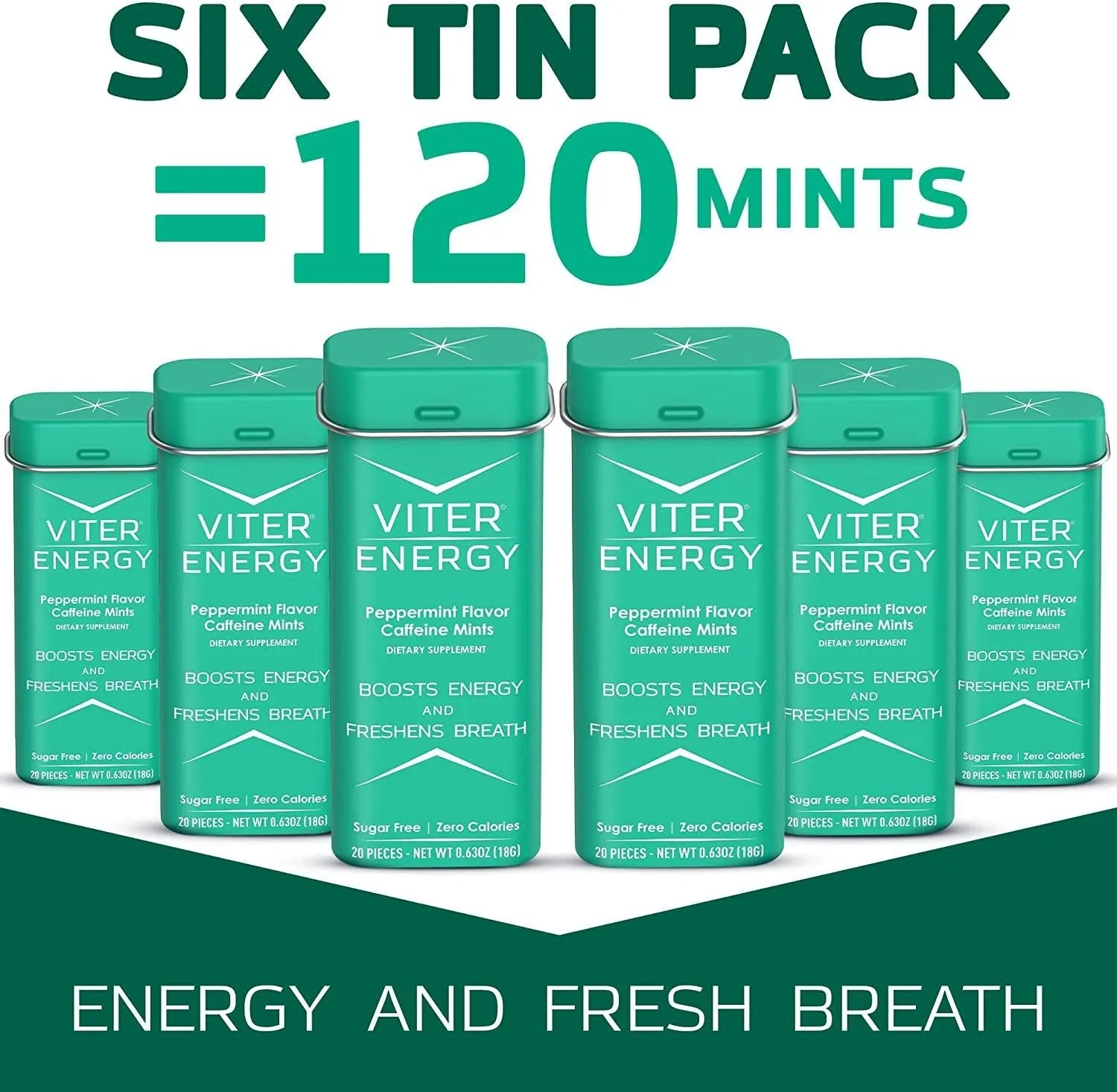 Viter Energy Caffeinated Mints - 40mg Caffeine, B Vitamins, Sugar Free Vegan Breath Mint. Powerful Energizing Boost. 2 Energy Mints Replace 1 Coffee, Gum, Chews, Gummies, Candy (Peppermint, 6 Pack)