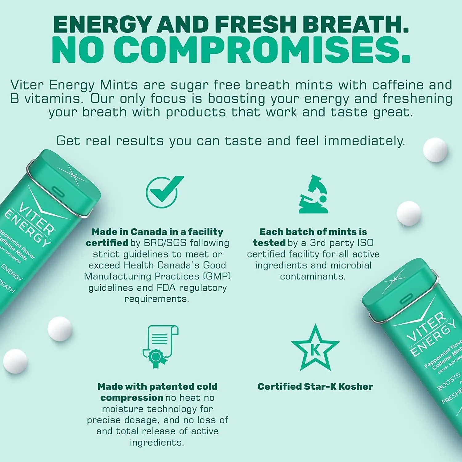Viter Energy Caffeinated Mints - 40mg Caffeine, B Vitamins, Sugar Free Vegan Breath Mint. Powerful Energizing Boost. 2 Energy Mints Replace 1 Coffee, Gum, Chews, Gummies, Candy (Peppermint, 6 Pack)