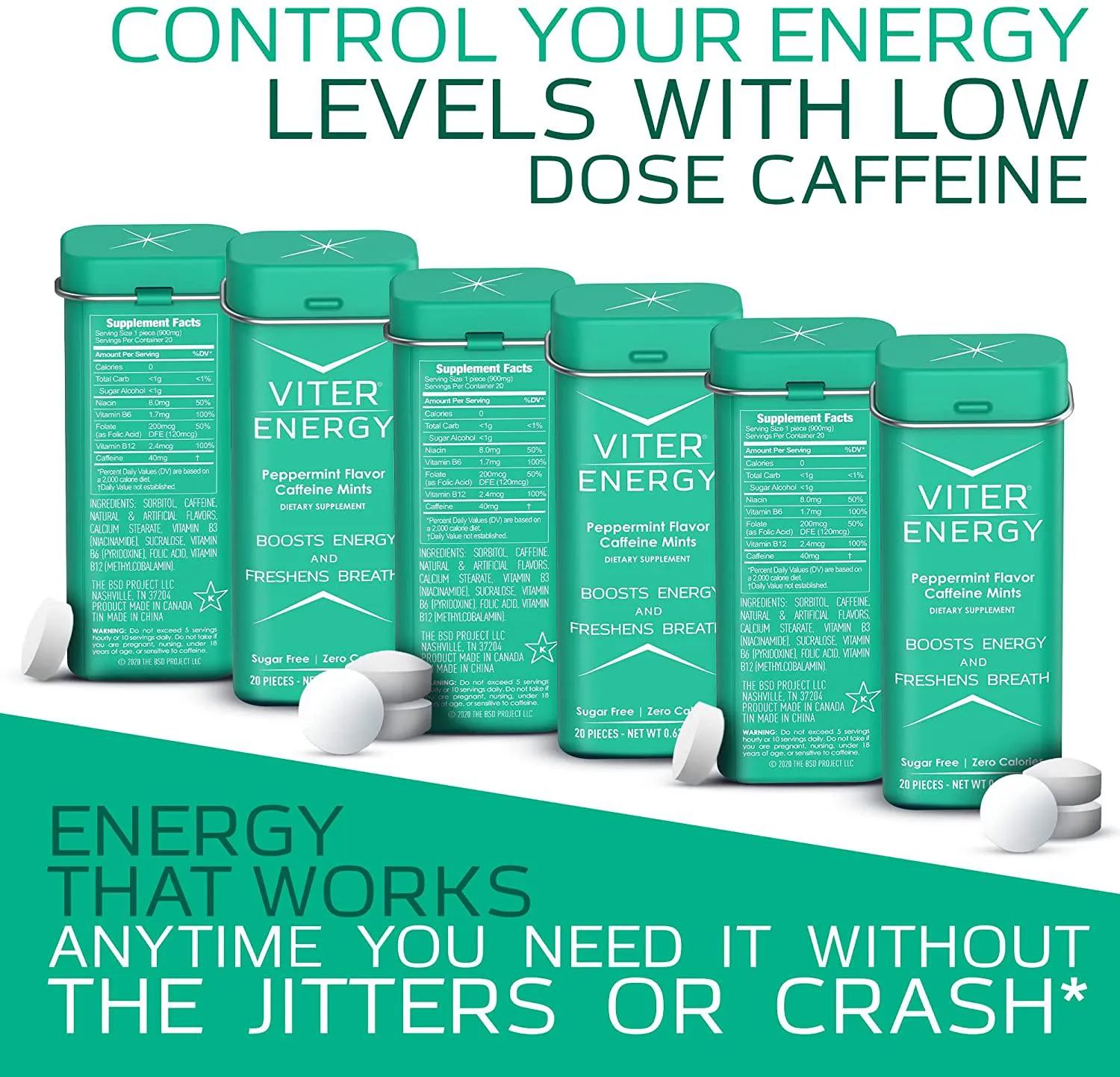 Viter Energy Caffeinated Mints - 40mg Caffeine, B Vitamins, Sugar Free Vegan Breath Mint. Powerful Energizing Boost. 2 Energy Mints Replace 1 Coffee, Gum, Chews, Gummies, Candy (Peppermint, 6 Pack)