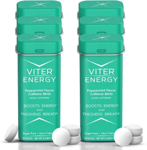 Viter Energy Caffeinated Mints - 40mg Caffeine, B Vitamins, Sugar Free Vegan Breath Mint. Powerful Energizing Boost. 2 Energy Mints Replace 1 Coffee, Gum, Chews, Gummies, Candy (Peppermint, 6 Pack)