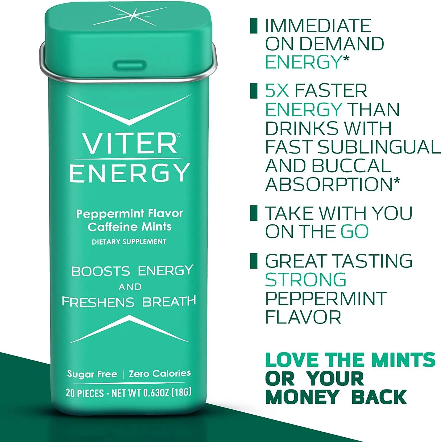 Viter Energy Caffeinated Mints - 40mg Caffeine, B Vitamins, Sugar Free Vegan Breath Mint. Powerful Energizing Boost. 2 Energy Mints Replace 1 Coffee, Gum, Chews, Gummies, Candy (Peppermint, 6 Pack)