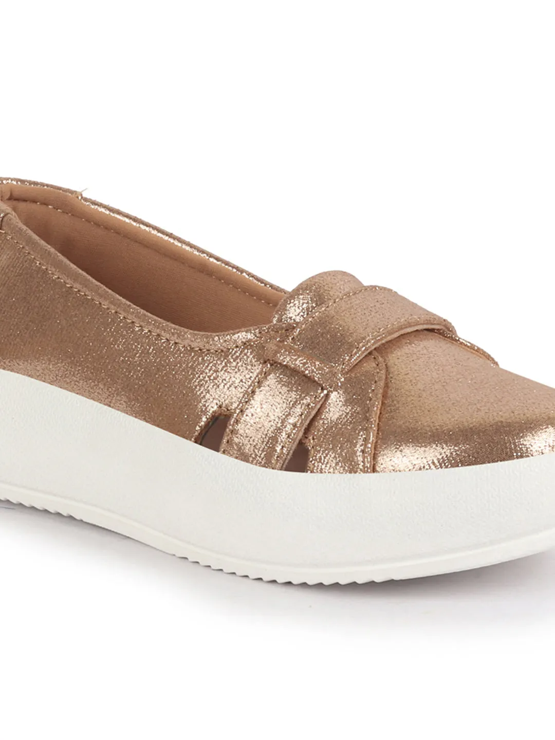 Women Gold Stylish Broad Cross Strap Design Slip-On Casual Comfort Shoes | Height Enhancer Shiny Party Loafers | Ballerina With Memory Cusion Insole