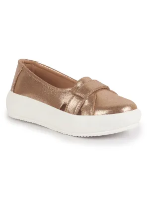 Women Gold Stylish Broad Cross Strap Design Slip-On Casual Comfort Shoes | Height Enhancer Shiny Party Loafers | Ballerina With Memory Cusion Insole