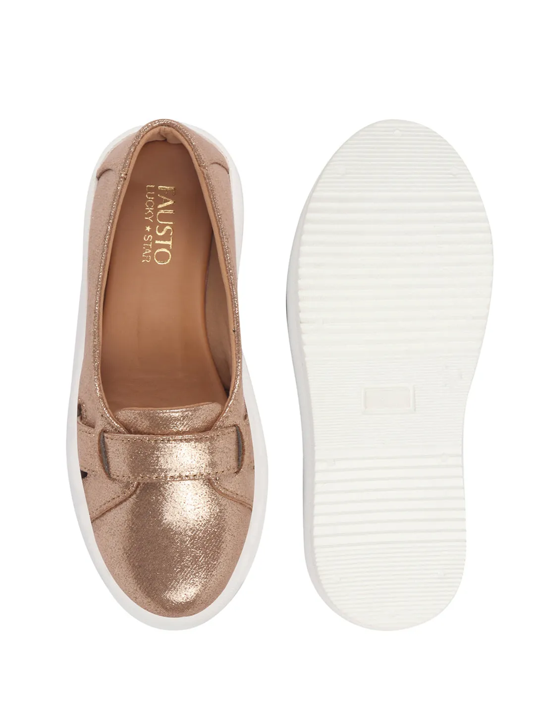 Women Gold Stylish Broad Cross Strap Design Slip-On Casual Comfort Shoes | Height Enhancer Shiny Party Loafers | Ballerina With Memory Cusion Insole