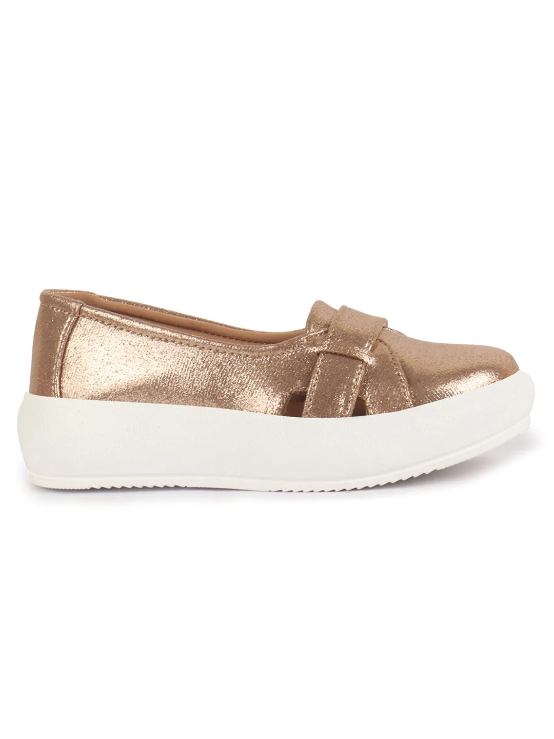 Women Gold Stylish Broad Cross Strap Design Slip-On Casual Comfort Shoes | Height Enhancer Shiny Party Loafers | Ballerina With Memory Cusion Insole