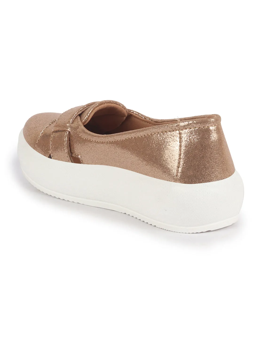 Women Gold Stylish Broad Cross Strap Design Slip-On Casual Comfort Shoes | Height Enhancer Shiny Party Loafers | Ballerina With Memory Cusion Insole
