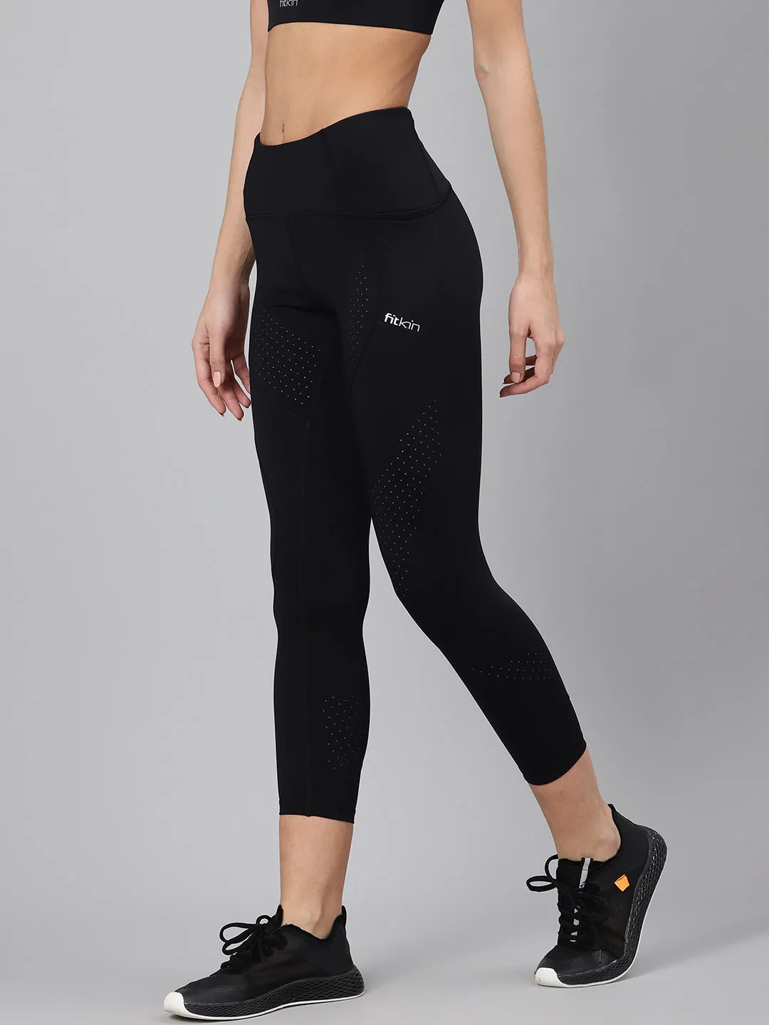 Women's Black Laser Cut Quick Dry Cropped Training Tights